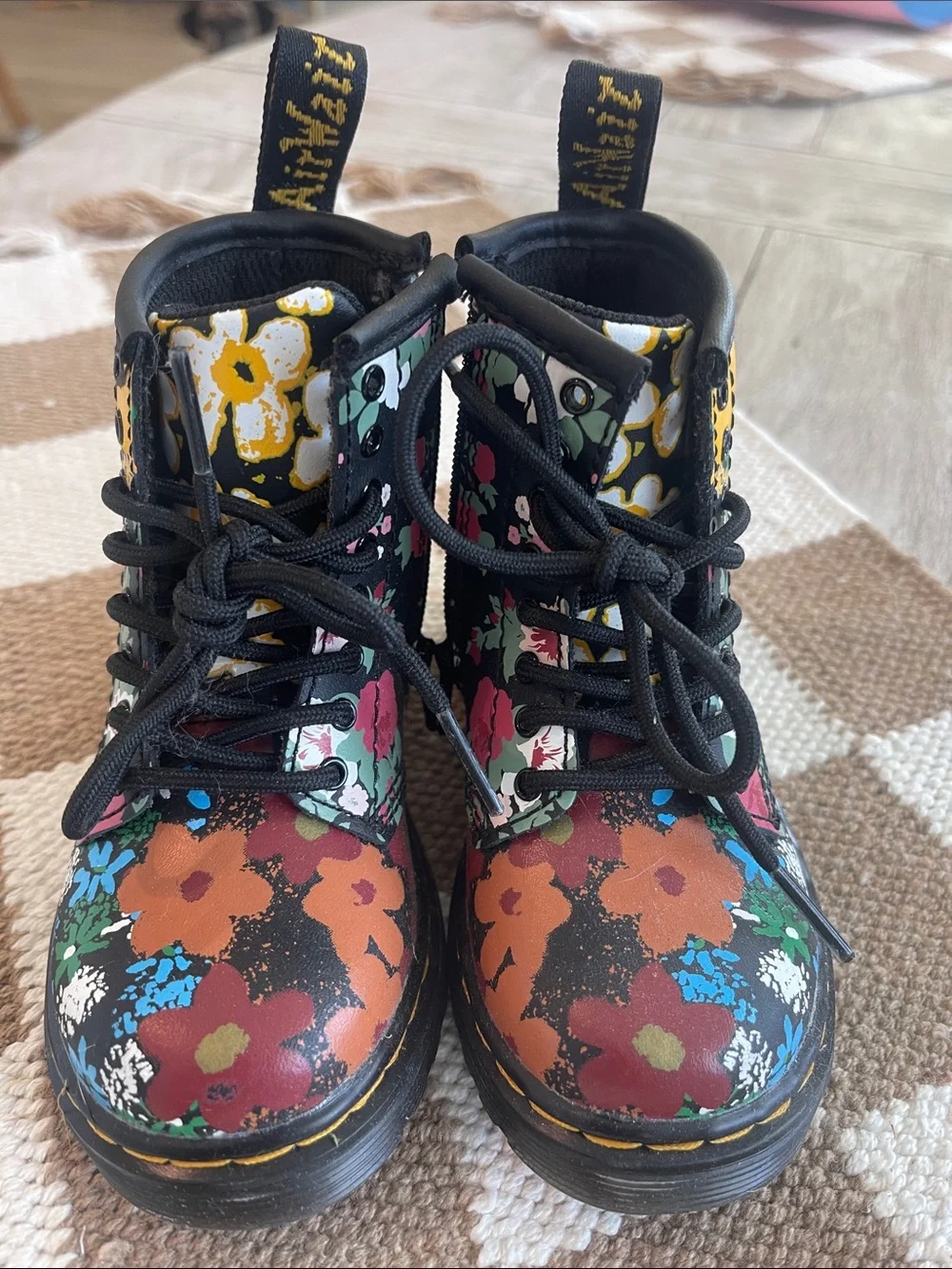 Dr. Martens Kids Floral Lace-Up Boots in Black with Multi-Color Flowers